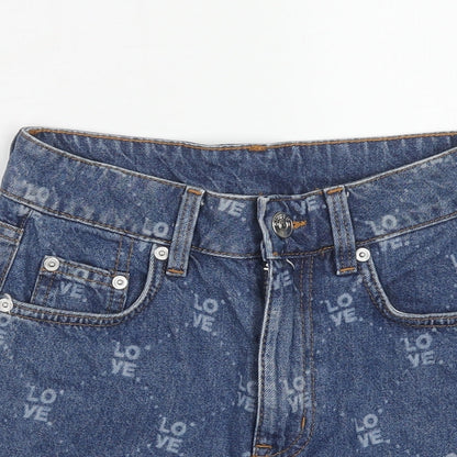 H&M Womens Blue Geometric Cotton Boyfriend Shorts Size 6 Regular Zip