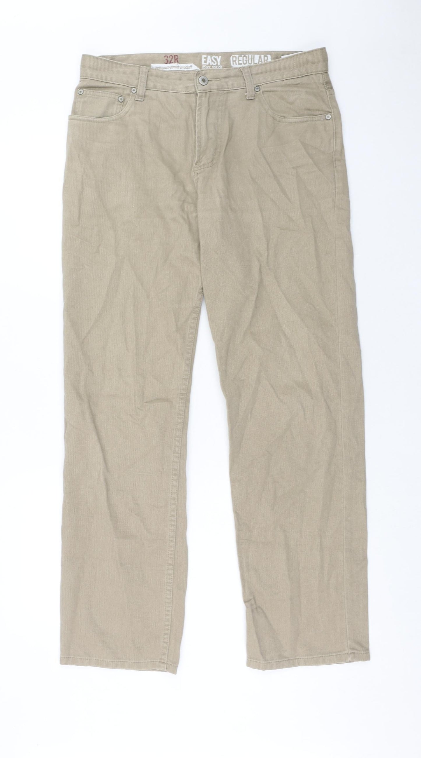 Easy Mens Beige Cotton Straight Jeans Size 32 in Regular Zip