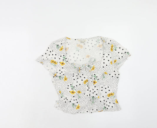 Miss Selfridge Womens White Floral Viscose Basic Blouse Size 6 Square Neck - Polka Dot