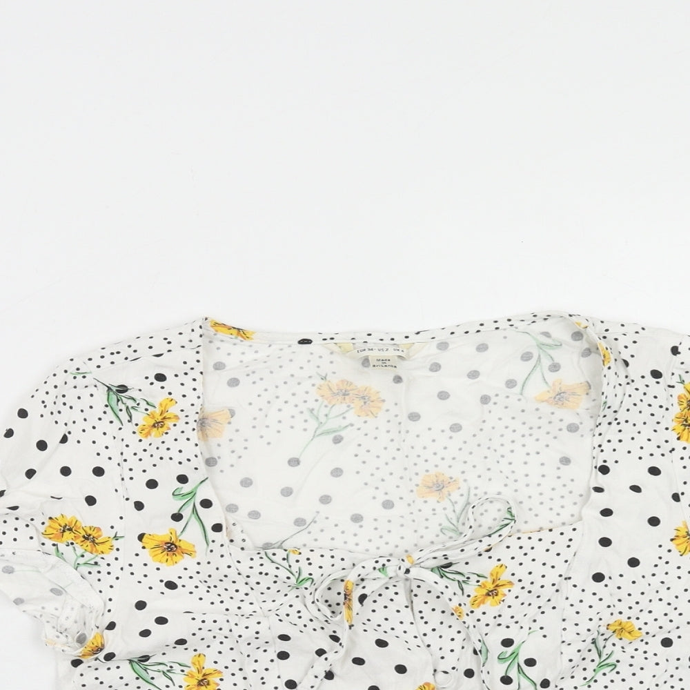Miss Selfridge Womens White Floral Viscose Basic Blouse Size 6 Square Neck - Polka Dot