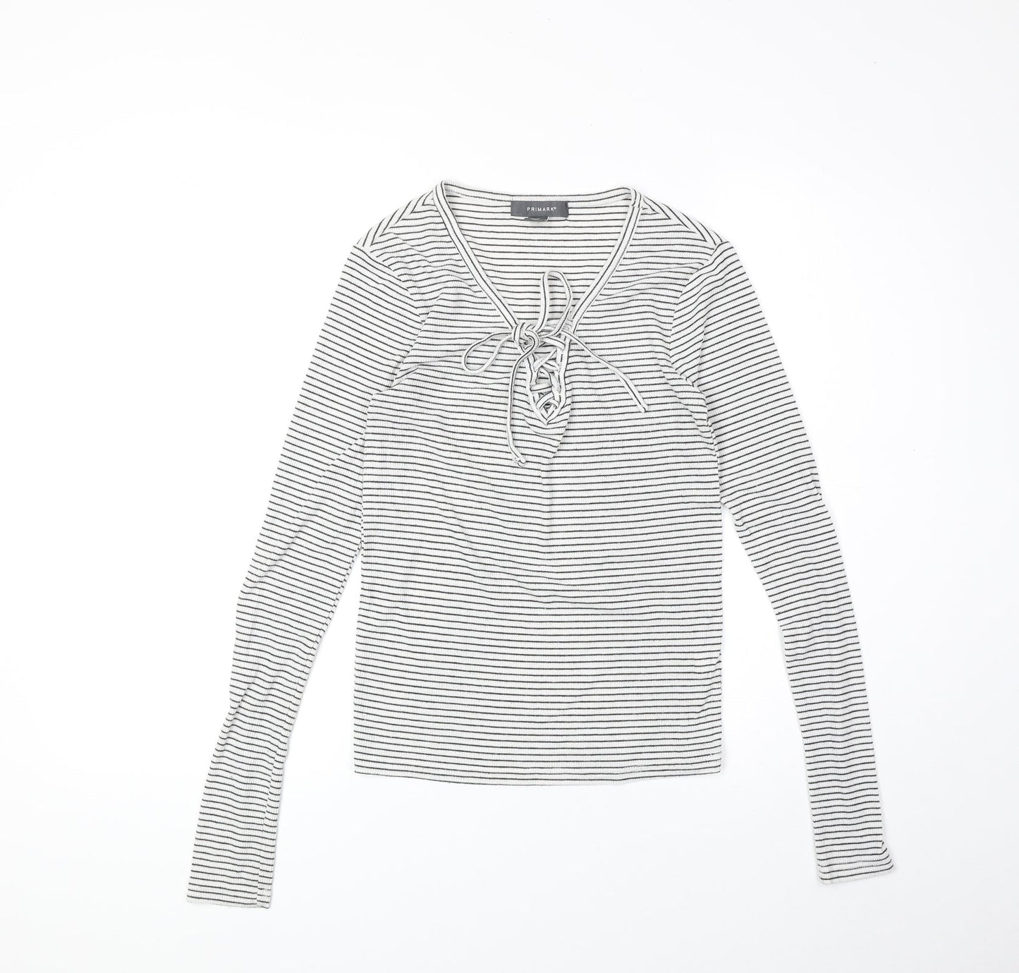 Primark Womens White Striped Polyester Basic T-Shirt Size XS V-Neck