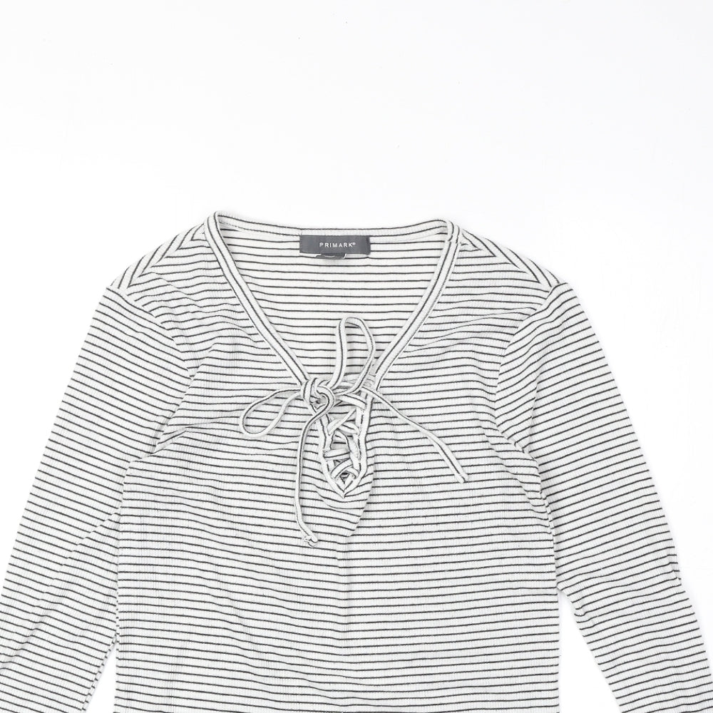 Primark Womens White Striped Polyester Basic T-Shirt Size XS V-Neck