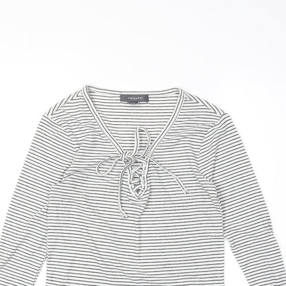 Primark Womens White Striped Polyester Basic T-Shirt Size XS V-Neck