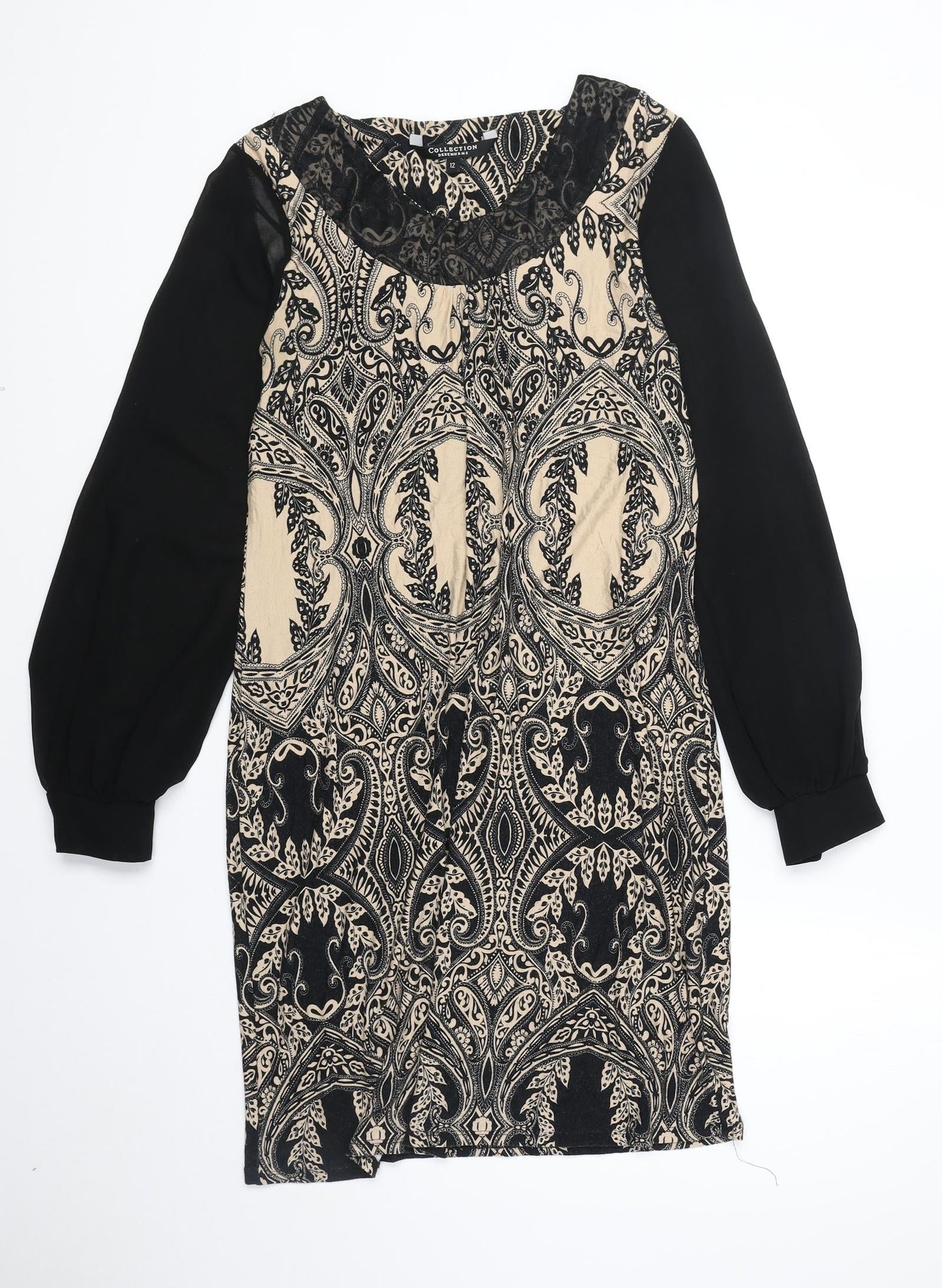 Debenhams Womens Black Geometric Polyester A-Line Size 12 Round Neck Pullover