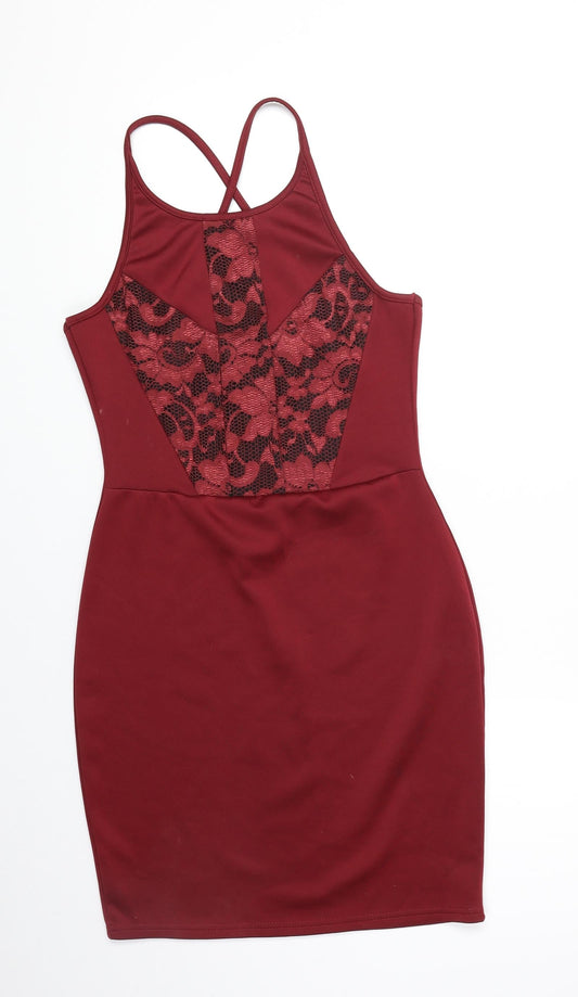 Boohoo Womens Red Floral Polyester Bodycon Size 10 Round Neck Pullover