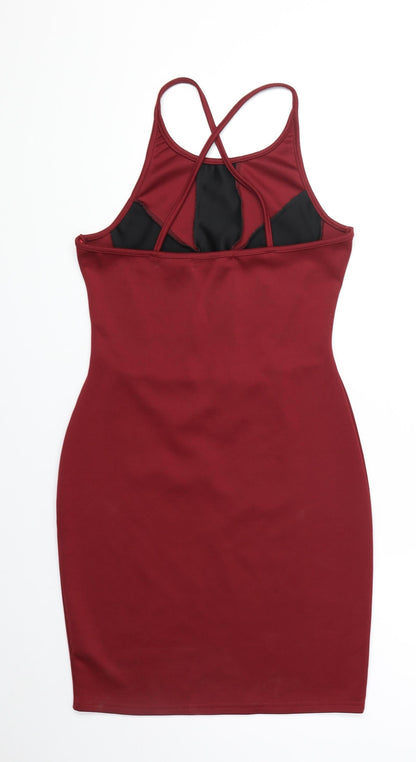 Boohoo Womens Red Floral Polyester Bodycon Size 10 Round Neck Pullover