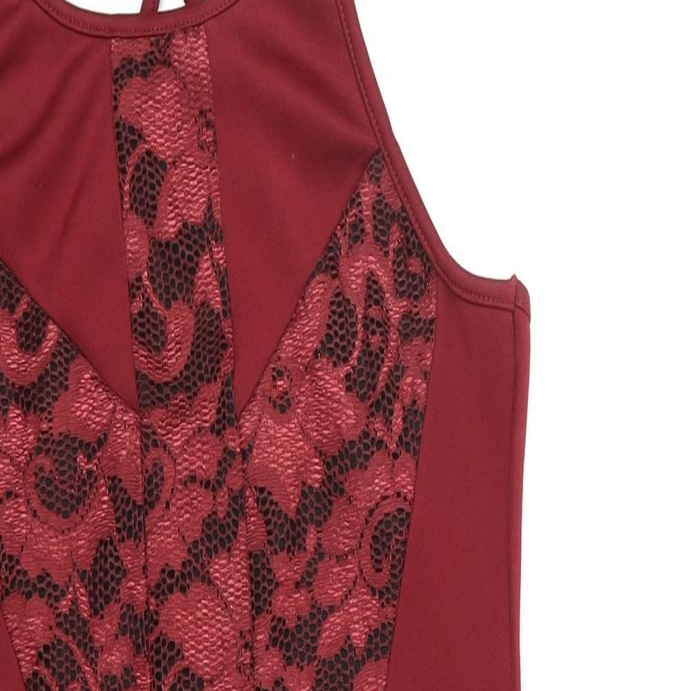 Boohoo Womens Red Floral Polyester Bodycon Size 10 Round Neck Pullover