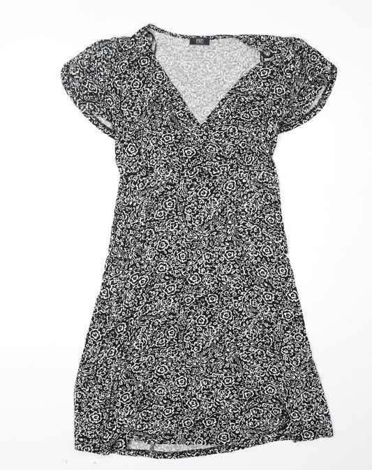 F&F Womens Black Floral Viscose Fit & Flare Size 8 V-Neck Pullover