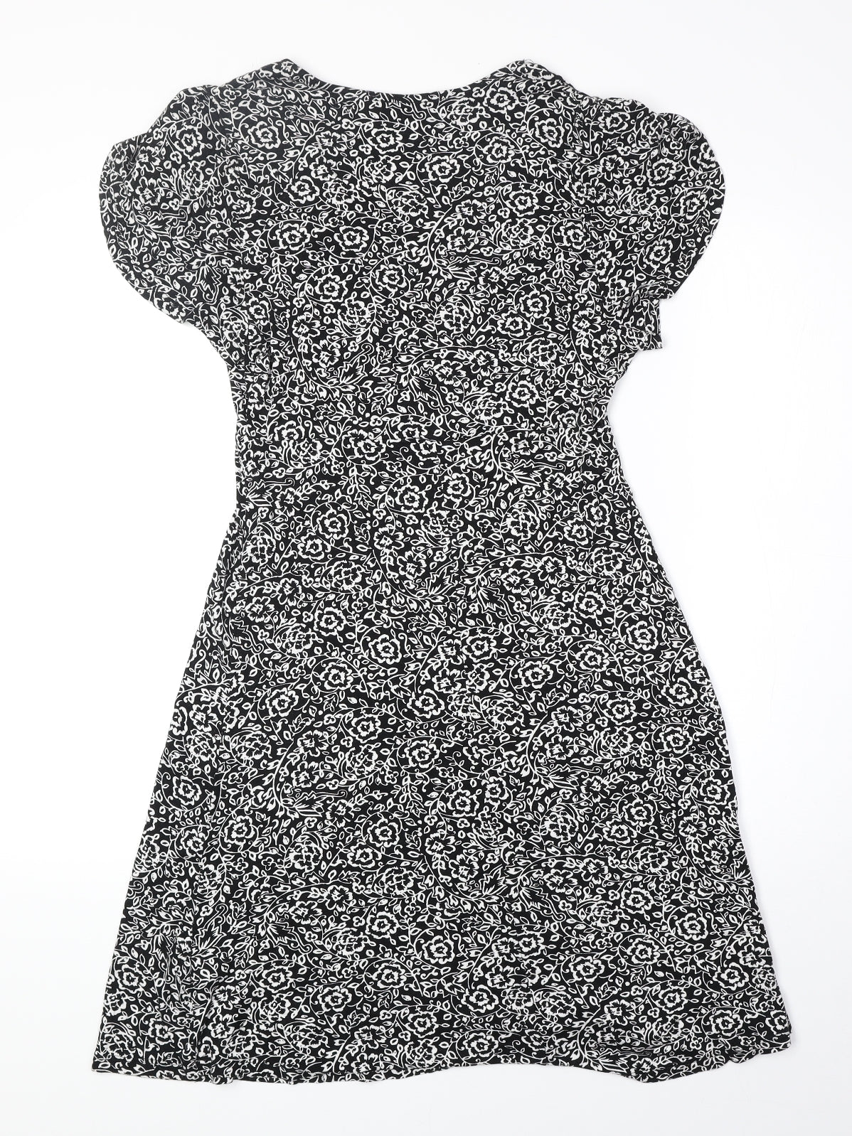 F&F Womens Black Floral Viscose Fit & Flare Size 8 V-Neck Pullover