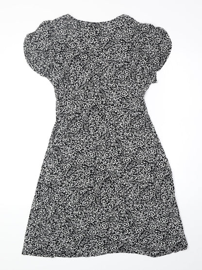 F&F Womens Black Floral Viscose Fit & Flare Size 8 V-Neck Pullover