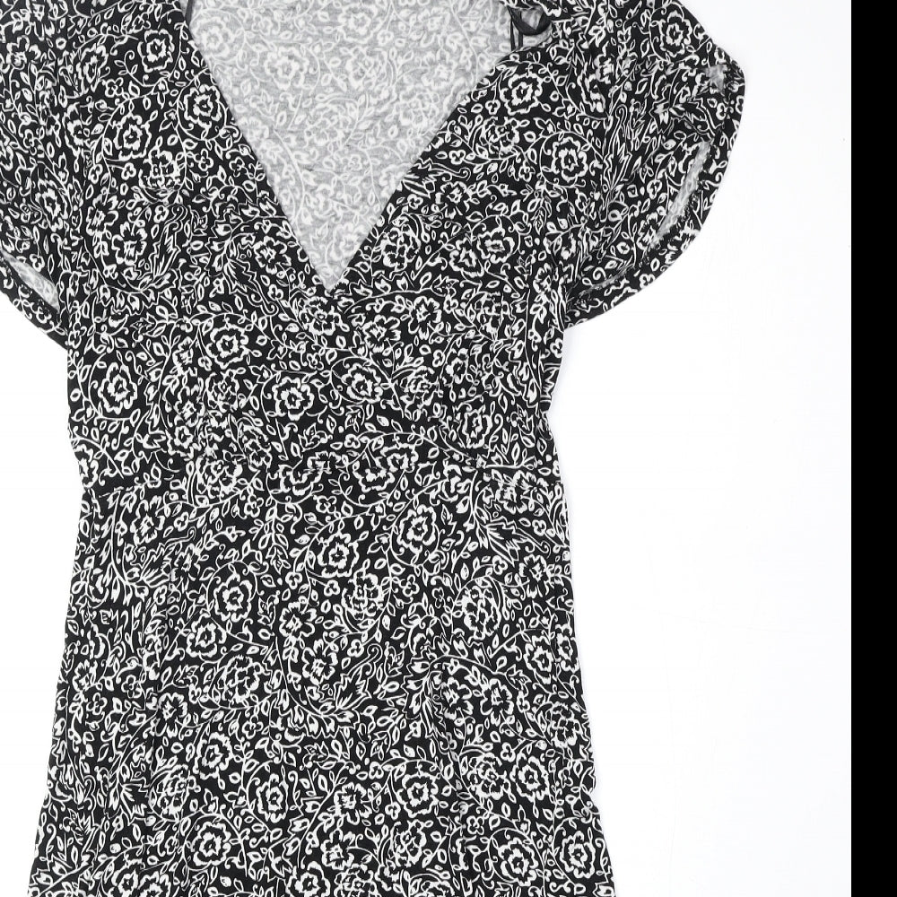 F&F Womens Black Floral Viscose Fit & Flare Size 8 V-Neck Pullover