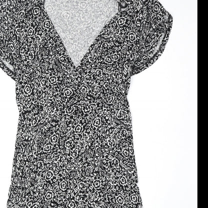 F&F Womens Black Floral Viscose Fit & Flare Size 8 V-Neck Pullover