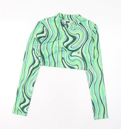 SheIn Womens Green Geometric Polyester Cropped Blouse Size S Round Neck - Cut Out Back