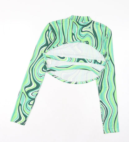 SheIn Womens Green Geometric Polyester Cropped Blouse Size S Round Neck - Cut Out Back