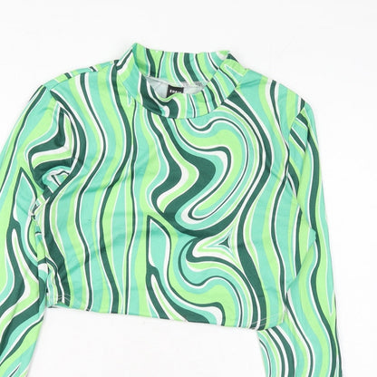 SheIn Womens Green Geometric Polyester Cropped Blouse Size S Round Neck - Cut Out Back