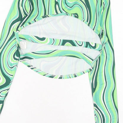 SheIn Womens Green Geometric Polyester Cropped Blouse Size S Round Neck - Cut Out Back