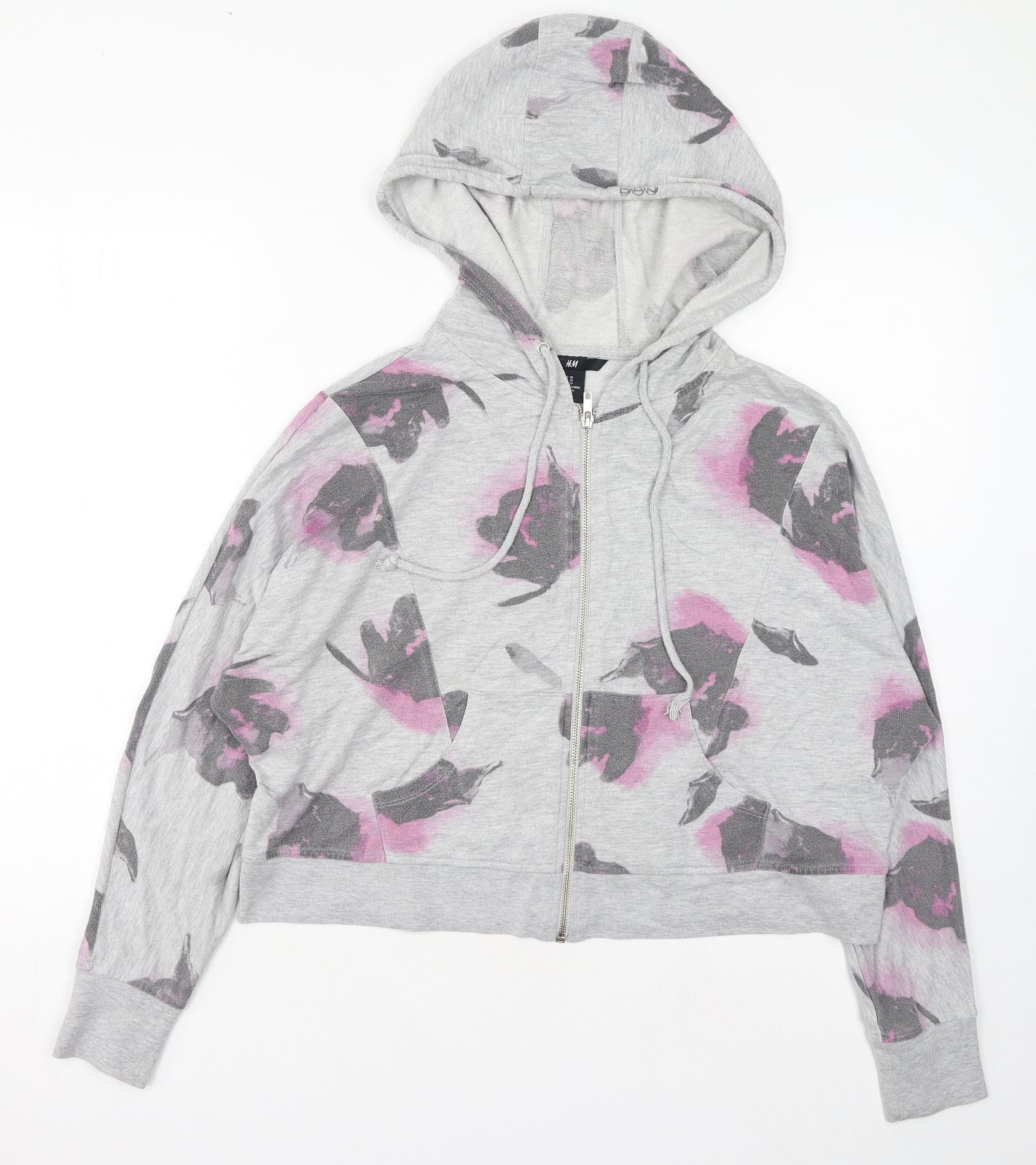 H&M Womens Grey Floral Cotton Full Zip Hoodie Size XS Zip - Cropped