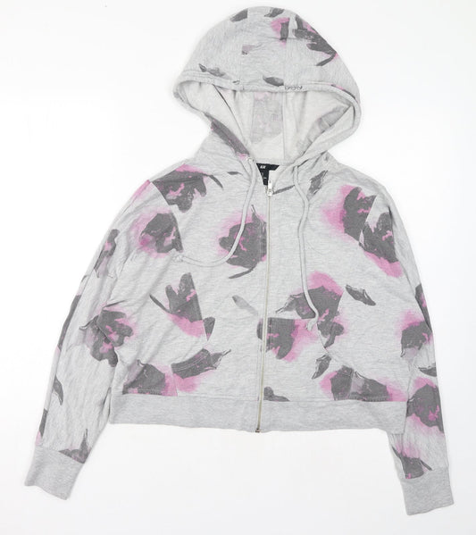 H&M Womens Grey Floral Cotton Full Zip Hoodie Size XS Zip - Cropped
