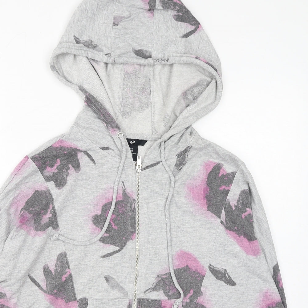 H&M Womens Grey Floral Cotton Full Zip Hoodie Size XS Zip - Cropped