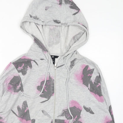 H&M Womens Grey Floral Cotton Full Zip Hoodie Size XS Zip - Cropped