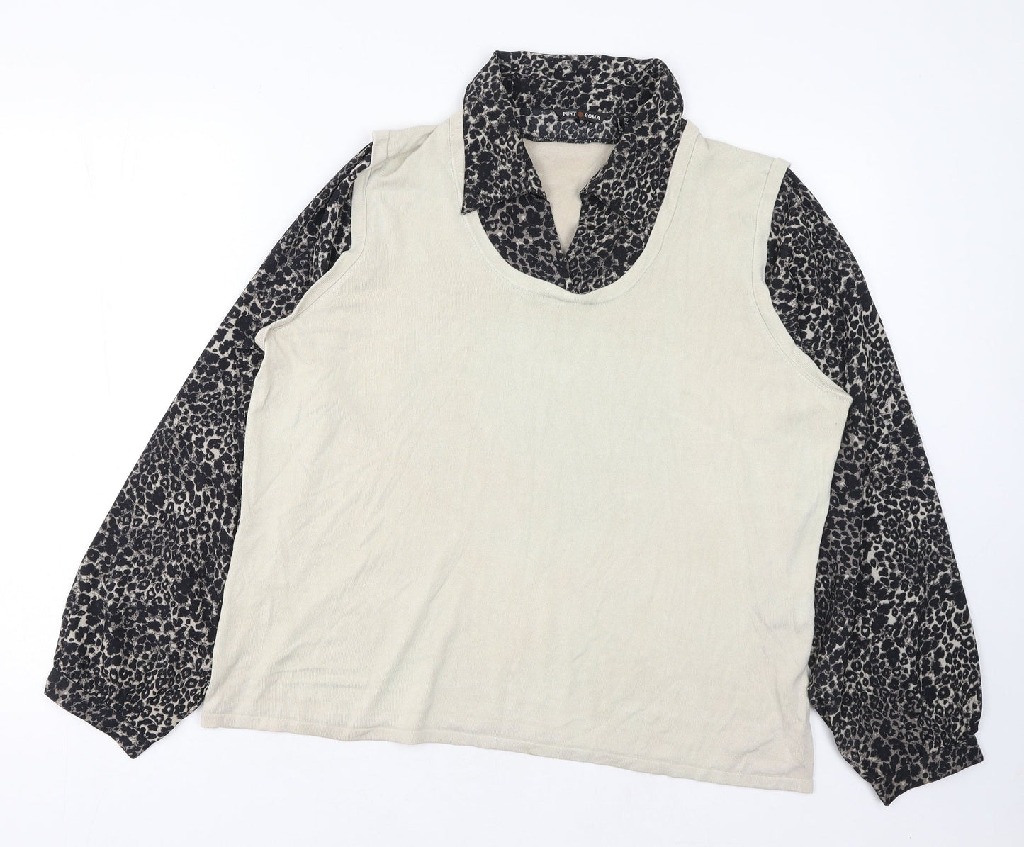 Punt Roma Womens Beige Collared Animal Print Acrylic Pullover Jumper Size XL - Leopard Print 2 in 1 Shift
