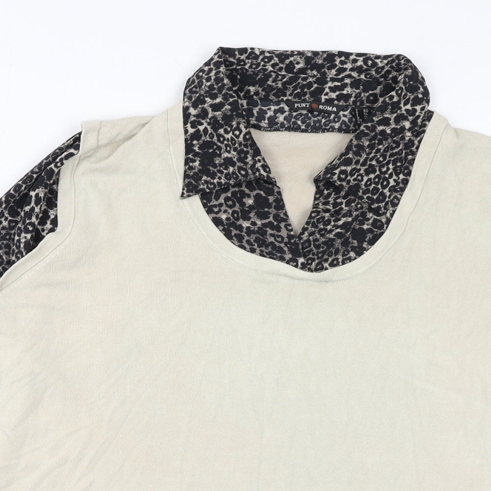 Punt Roma Womens Beige Collared Animal Print Acrylic Pullover Jumper Size XL - Leopard Print 2 in 1 Shift