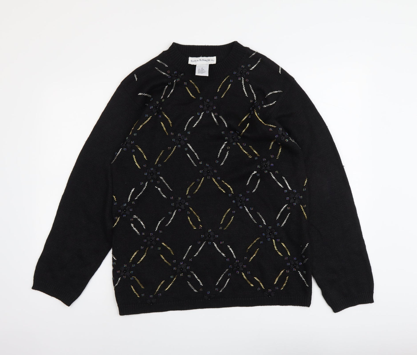 Norton McNaughton Womens Black Round Neck Geometric Ramie Pullover Jumper Size M