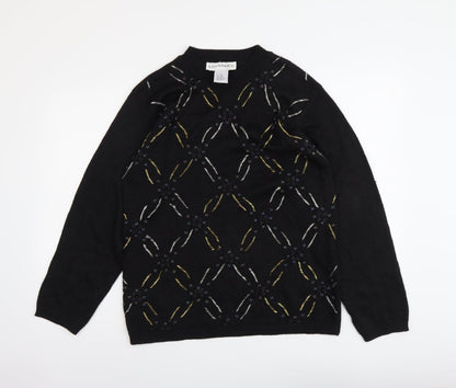 Norton McNaughton Womens Black Round Neck Geometric Ramie Pullover Jumper Size M
