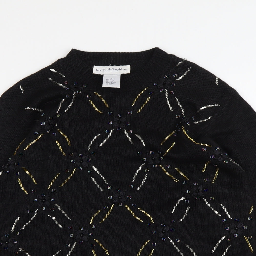 Norton McNaughton Womens Black Round Neck Geometric Ramie Pullover Jumper Size M