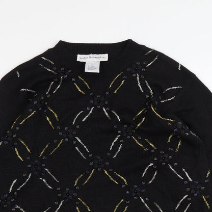 Norton McNaughton Womens Black Round Neck Geometric Ramie Pullover Jumper Size M