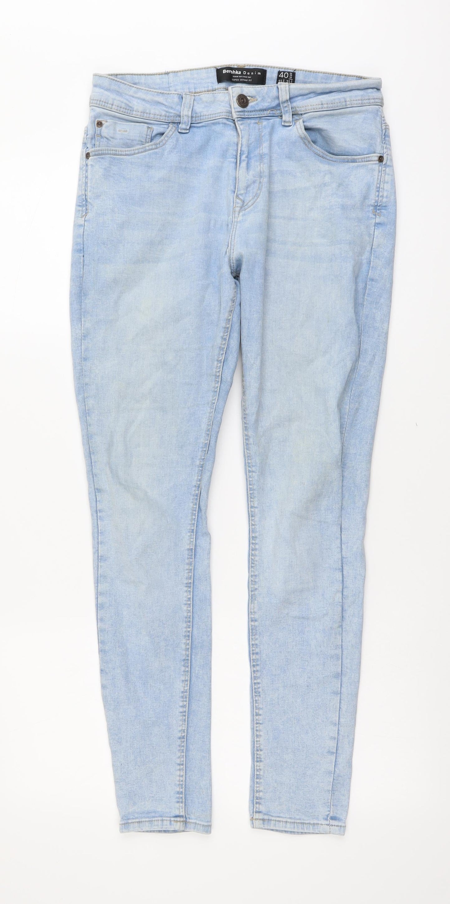 Bershka Mens Blue Cotton Skinny Jeans Size L L29 in Regular Button