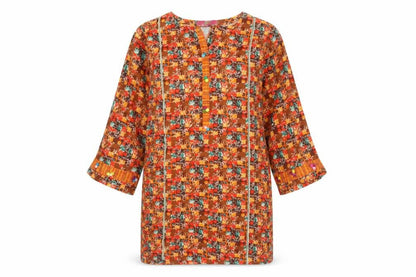Alive Womens Orange Geometric Cotton Kaftan Size 6 Boat Neck Pullover