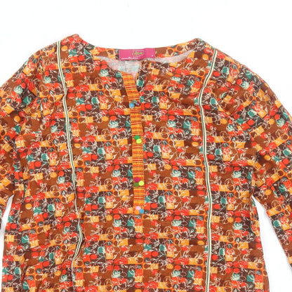 Alive Womens Orange Geometric Cotton Kaftan Size 6 Boat Neck Pullover