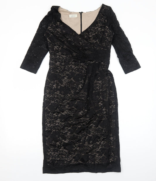 Kaliko Womens Black Floral Polyester A-Line Size 8 V-Neck Zip