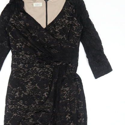 Kaliko Womens Black Floral Polyester A-Line Size 8 V-Neck Zip
