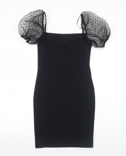 New Look Womens Black Polka Dot Viscose Bodycon Size 10 Square Neck Pullover