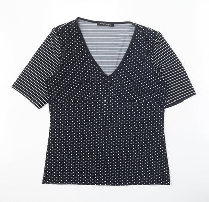 Betty Barclay Womens Black Polka Dot Polyester Basic T-Shirt Size 14 V-Neck - Striped