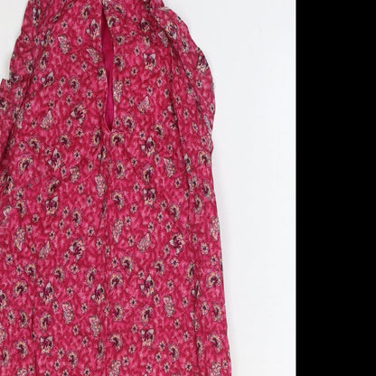 MNG Womens Pink Floral Polyester A-Line Size S Round Neck Button
