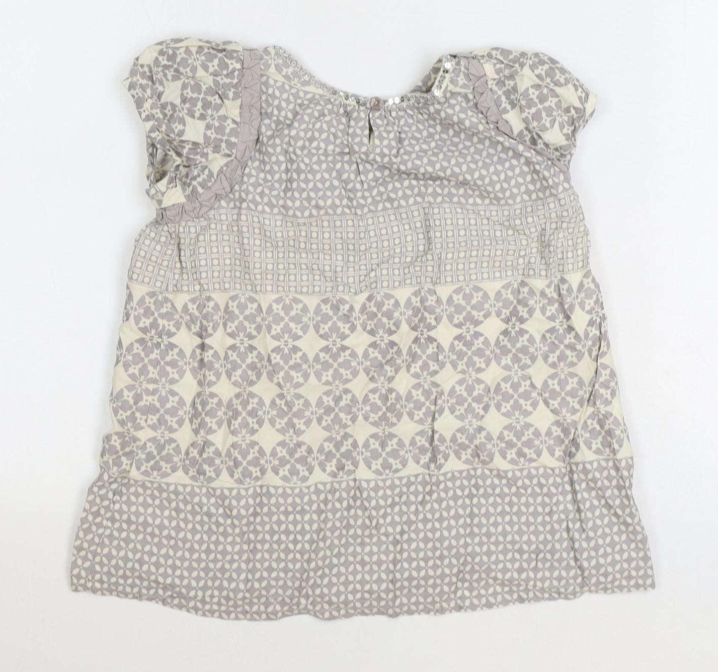 Monsoon Girls Grey Geometric Cotton Basic Blouse Size 9-10 Years Boat Neck Button