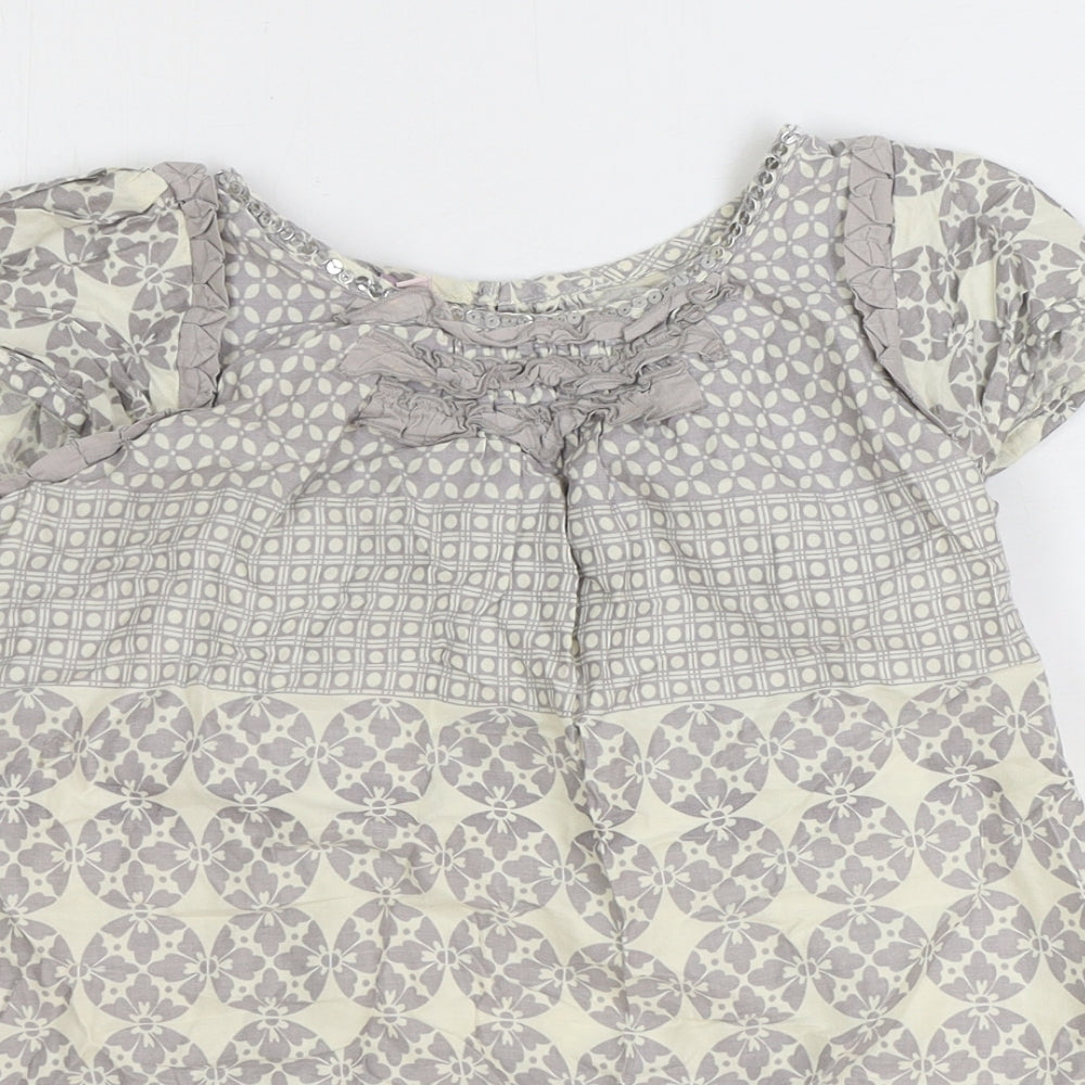 Monsoon Girls Grey Geometric Cotton Basic Blouse Size 9-10 Years Boat Neck Button