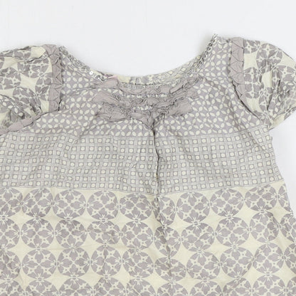 Monsoon Girls Grey Geometric Cotton Basic Blouse Size 9-10 Years Boat Neck Button