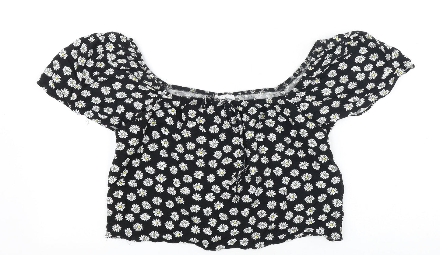 Primark Womens Black Geometric Viscose Cropped Tank Size 8 Off the Shoulder - Daisy Print