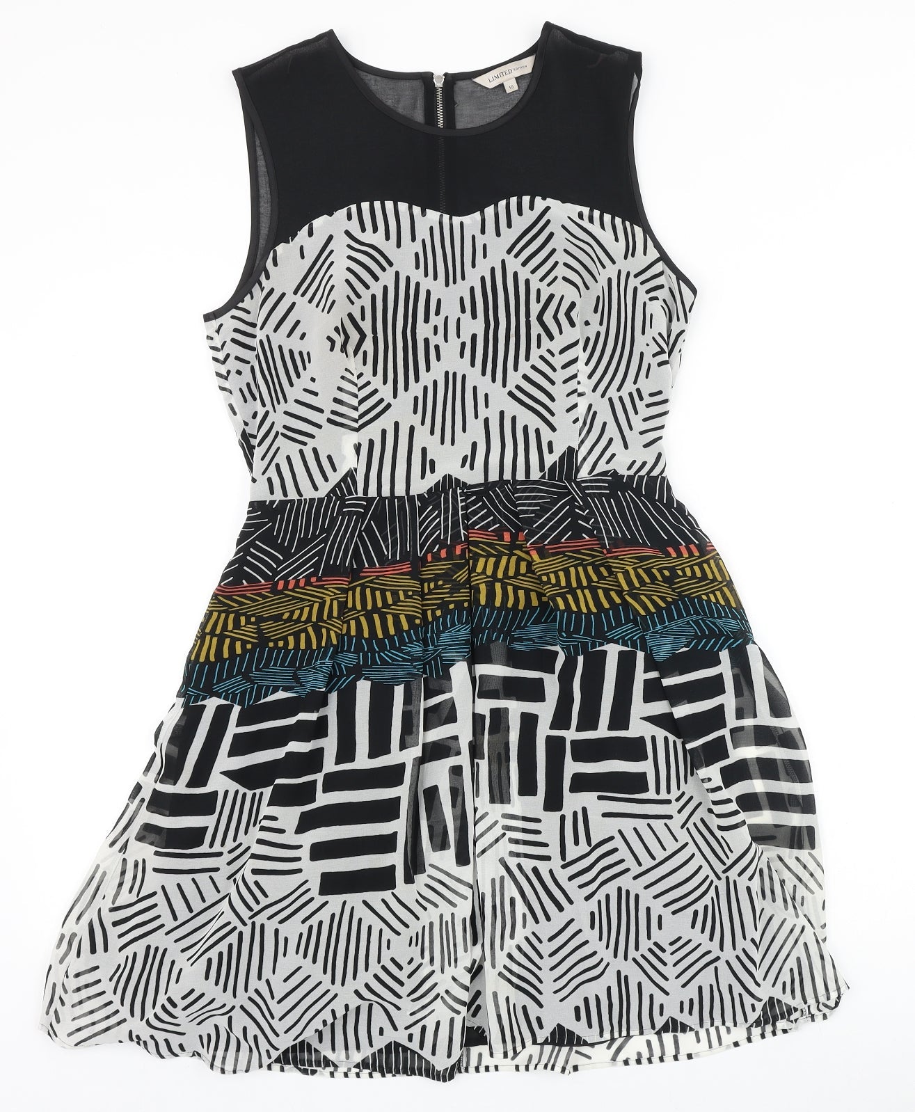 Marks and Spencer Womens Black Geometric Polyester Fit & Flare Size 8 Round Neck Zip