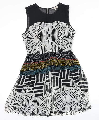 Marks and Spencer Womens Black Geometric Polyester Fit & Flare Size 8 Round Neck Zip