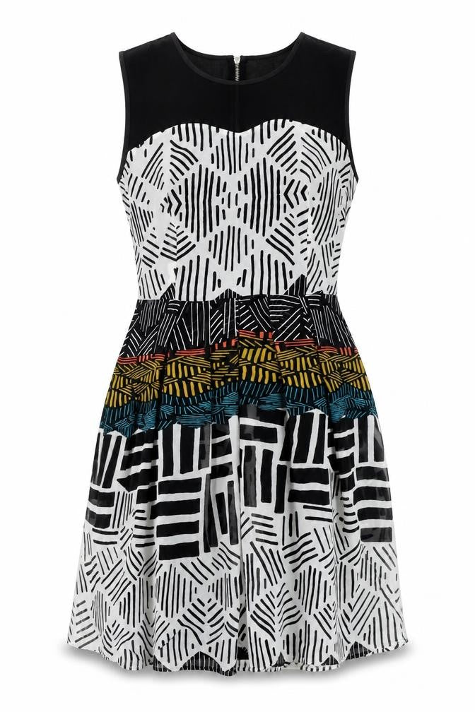 Marks and Spencer Womens Black Geometric Polyester Fit & Flare Size 8 Round Neck Zip