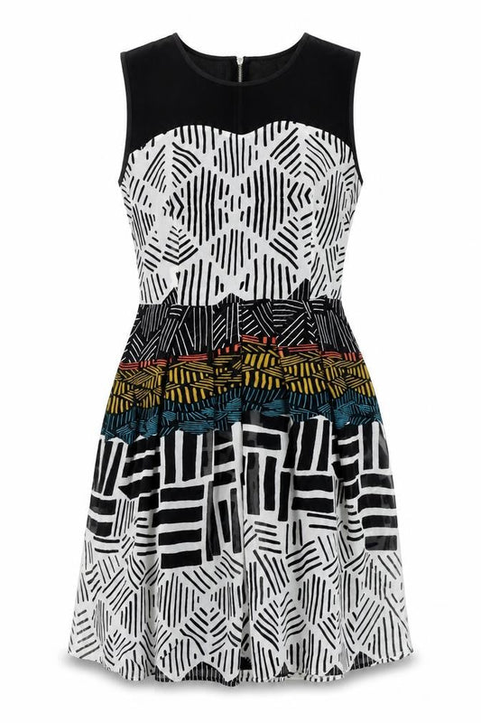 Marks and Spencer Womens Black Geometric Polyester Fit & Flare Size 8 Round Neck Zip