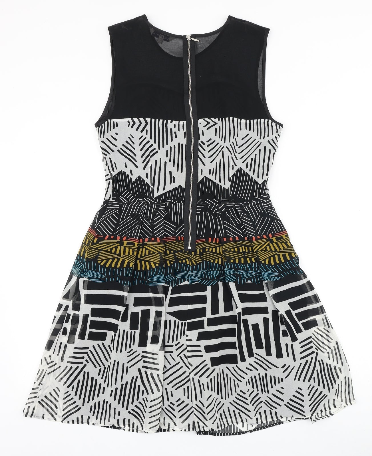 Marks and Spencer Womens Black Geometric Polyester Fit & Flare Size 8 Round Neck Zip