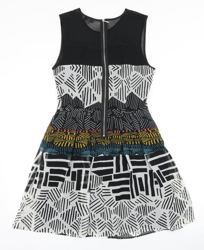 Marks and Spencer Womens Black Geometric Polyester Fit & Flare Size 8 Round Neck Zip