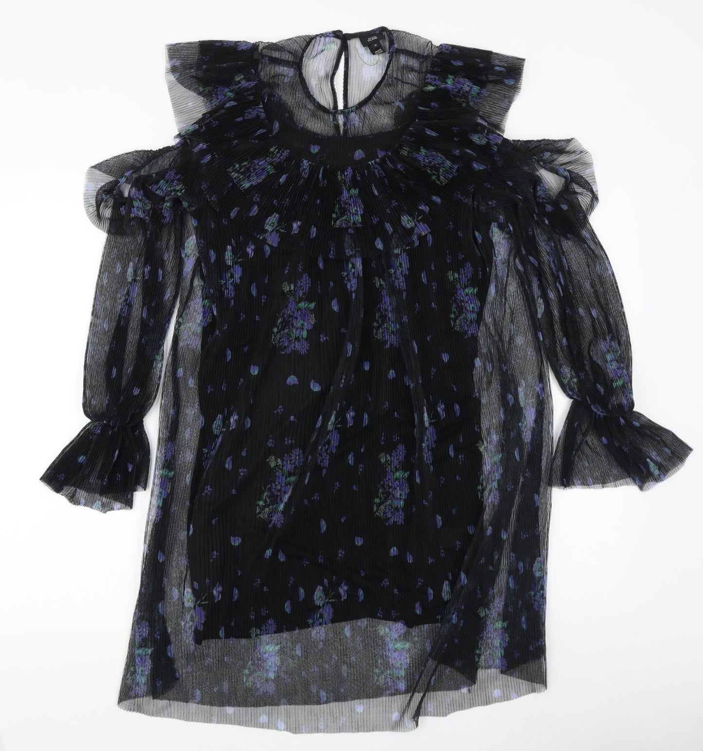 River Island Womens Black Geometric Polyester A-Line Size 10 Round Neck Button - Cold Shoulder