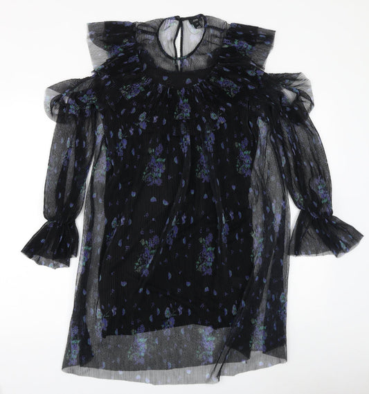 River Island Womens Black Geometric Polyester A-Line Size 10 Round Neck Button - Cold Shoulder